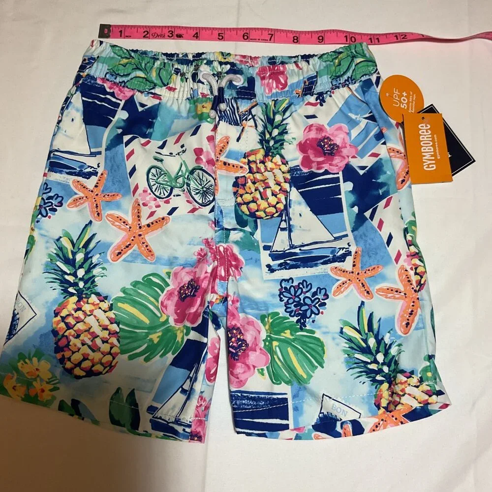 Gymboree Boys Size 7 Tropical Swim White Blue Trunks NWT Beach Splish-Splash